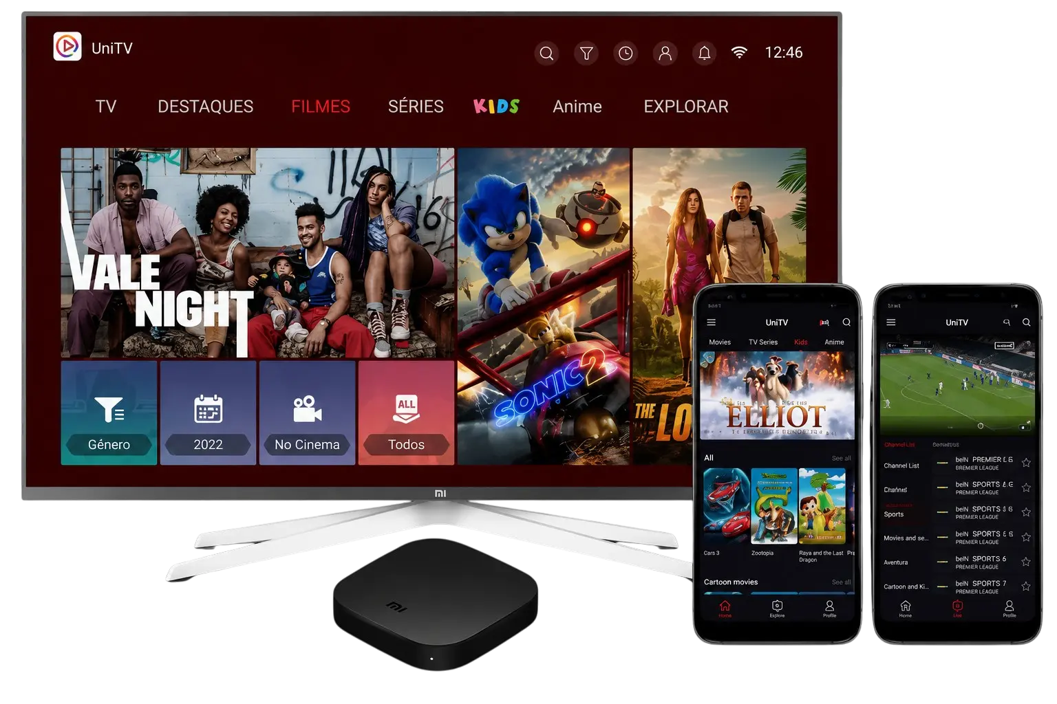 App UniTV mostrando canais ao vivo filmes e séries em HD